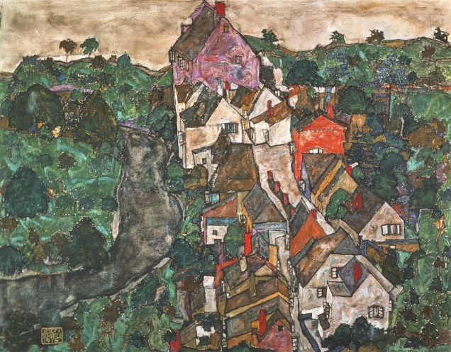 BAL41115 Landscape at Krumau, 1910-16 by Schiele, Egon (1890-1918); Neue Galerie, Linz, Austria; (add.info.: siezed by Nazis in 1938; to be returned by gallery to relatives of original owner Daisy Hellmann in 2003; also known as Little Town on the River;); Austrian, out of copyright